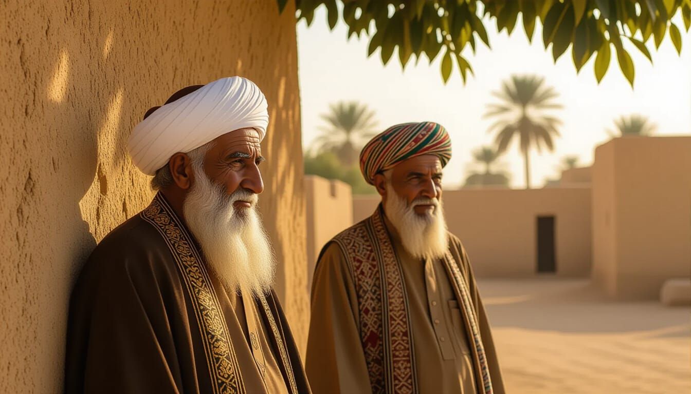 Ancient Islamic Village Scene with Elderly Men