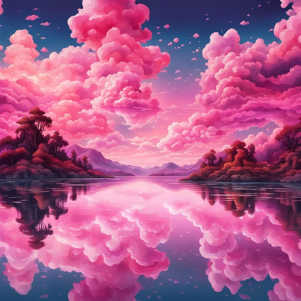 Pink Sky Reflection: Watercolor and Ink Painting