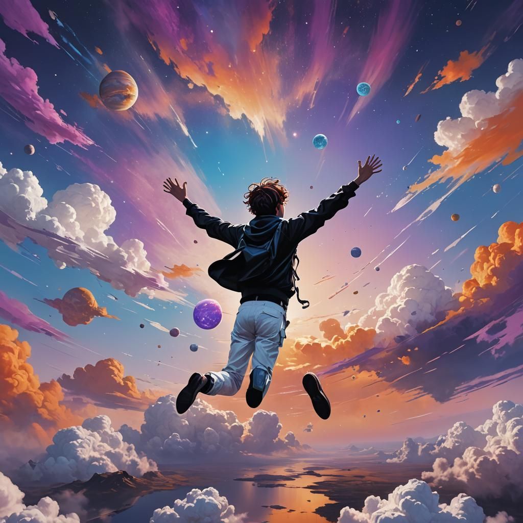 Person Floating Above Planet in Hyperrealistic Style