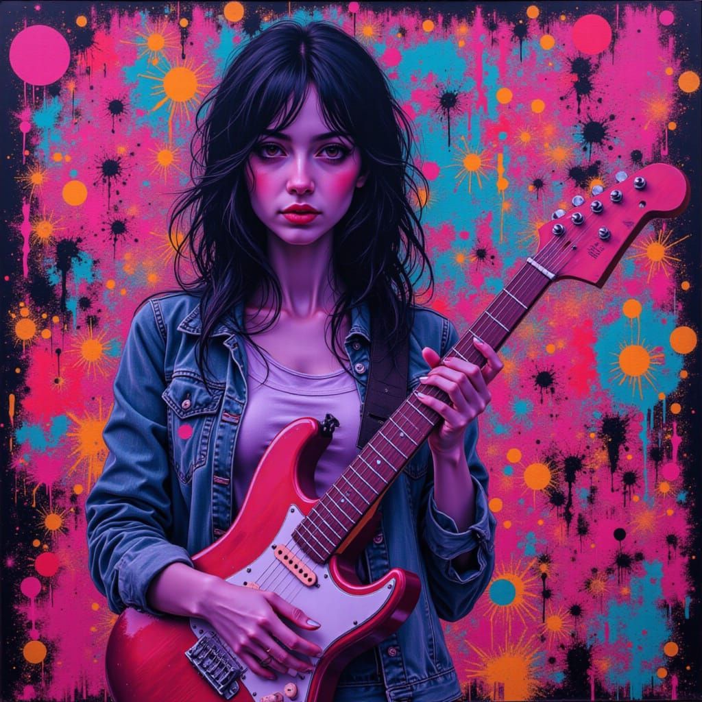 A young lady holding a guitar features irrationality, humor,...