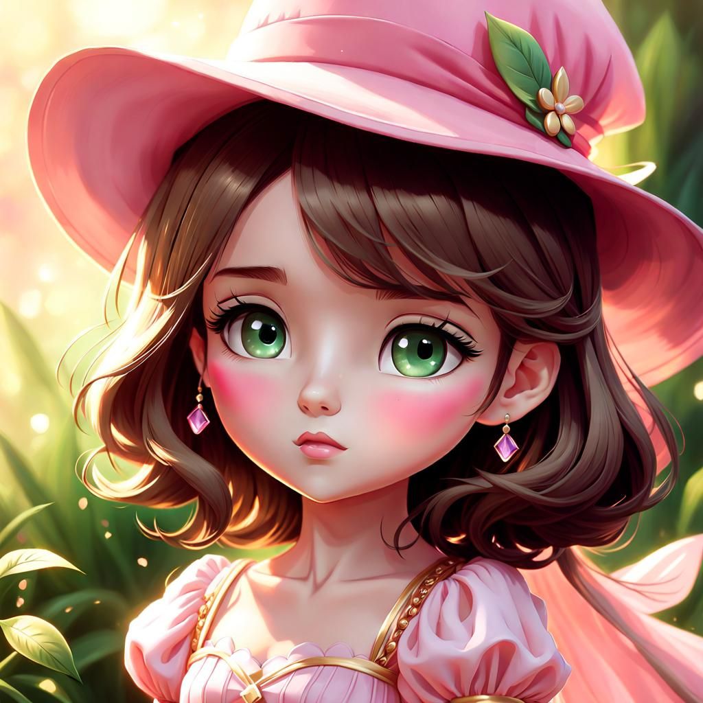 Chibi Girl in Pink Princess Dress, Digital Art