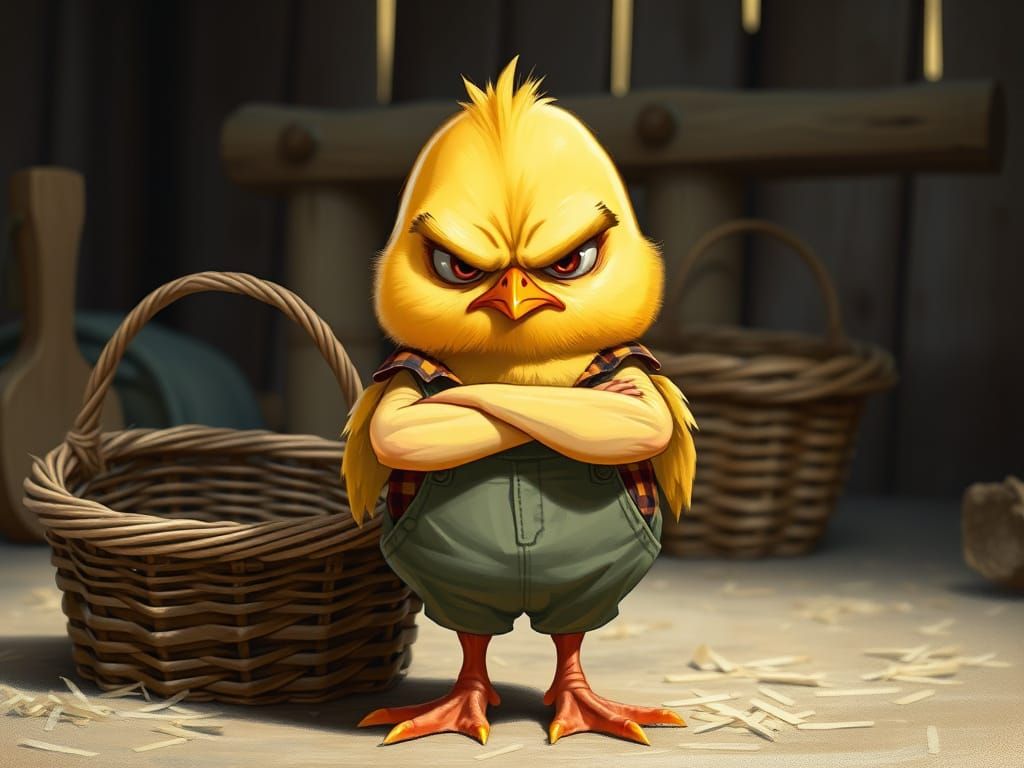 Grumpy Chick in Barnyard Storybook Scene