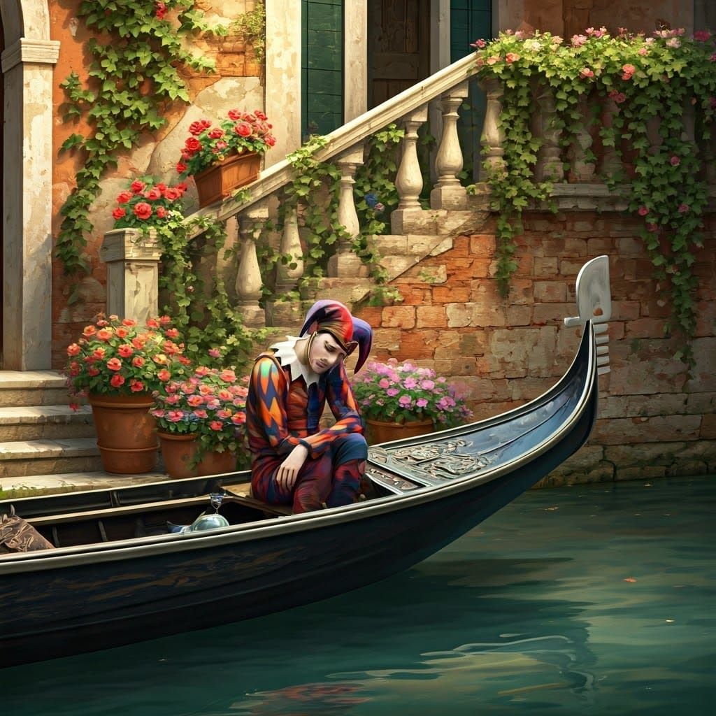 Melancholic Harlequin in Despairing Pose on Weathered Gondol...