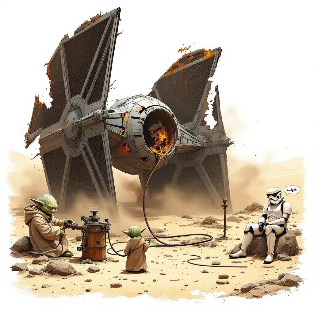 Humorous T-Shirt Design: Yoda Refuels Crashed TIE Fighter