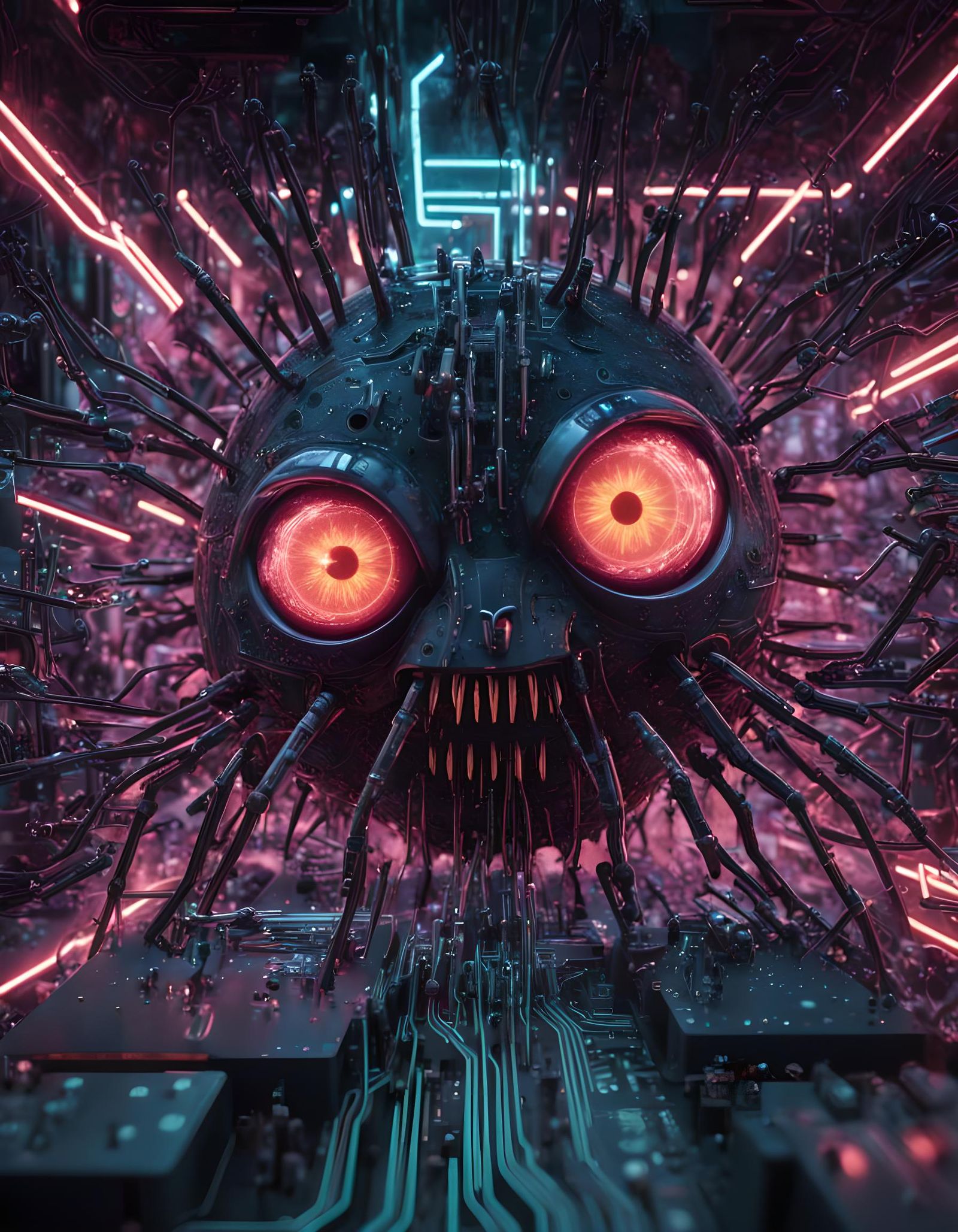 Digital Computer Bugs Infiltrating System in Neon Style