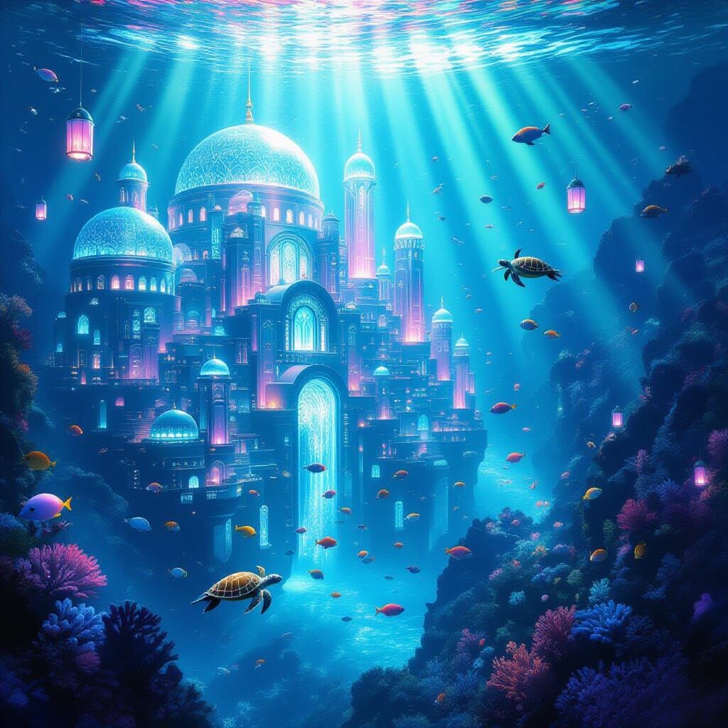 Ethereal Underwater Metropolis with Bioluminescent Coral