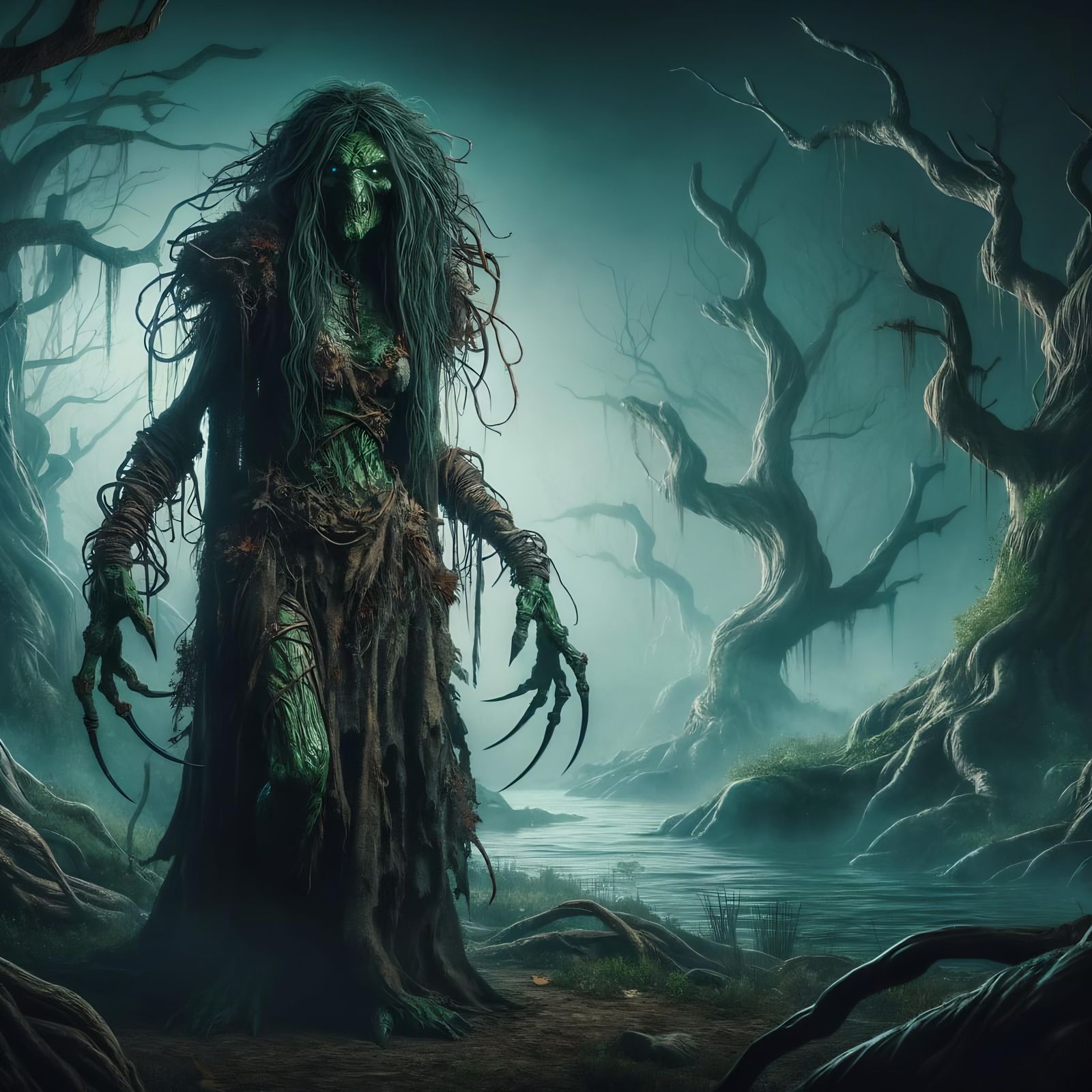 Green Hag in Desolate Swamp: Dark Fantasy Digital Art