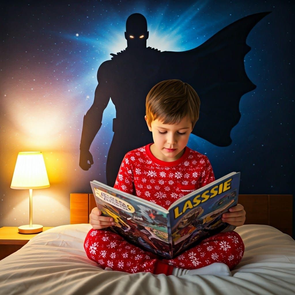 Boy Reading Lassie Comic in Festive Pajamas