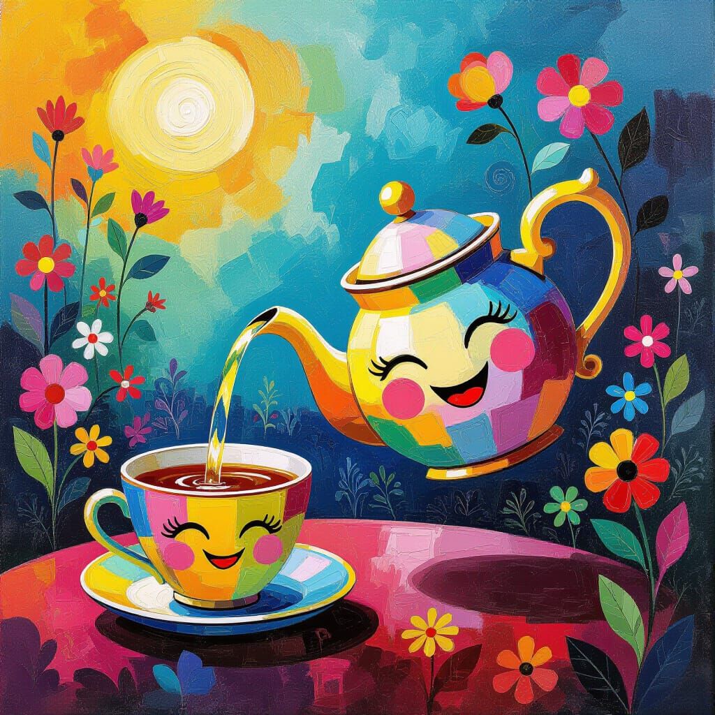 Whimsical Teapot Pours Iridescent Liquid in Surreal Garden