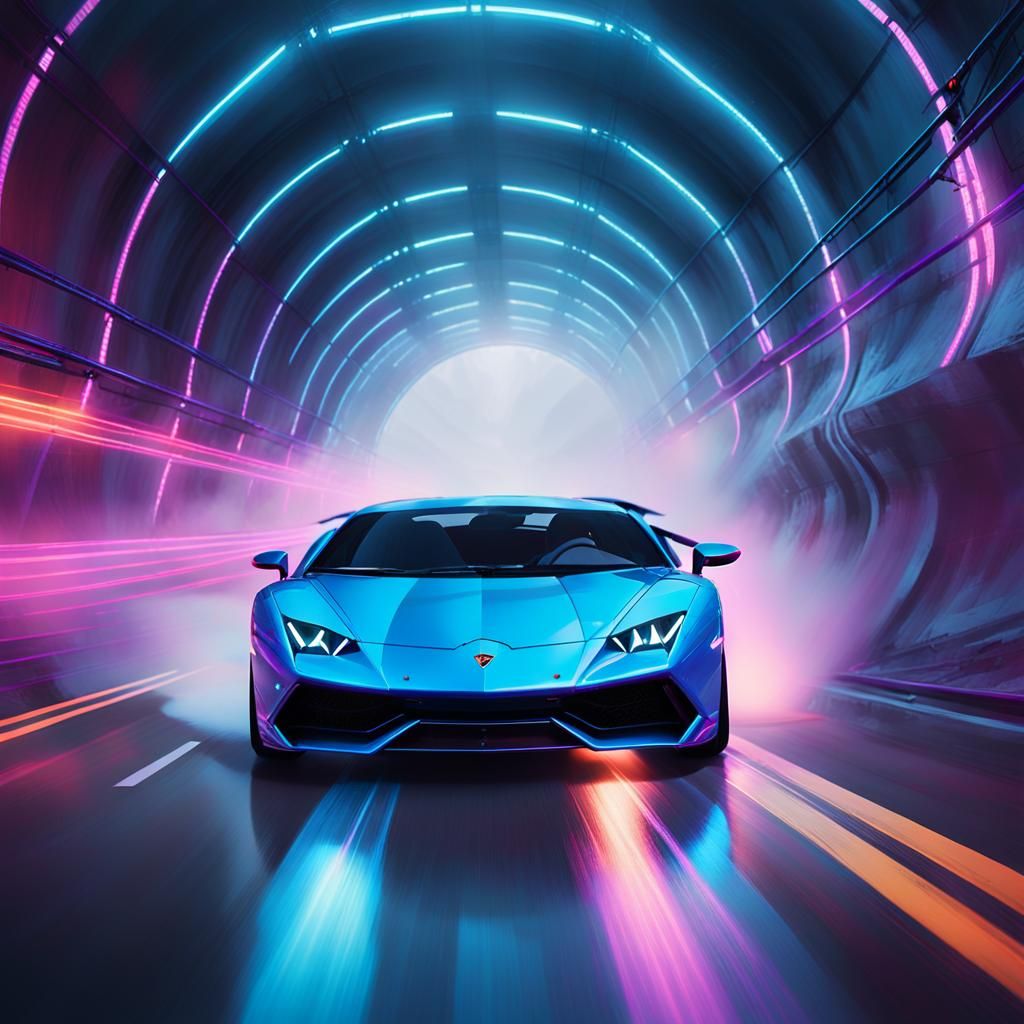 Lamborghini Speeding Through a Neon Tunnel