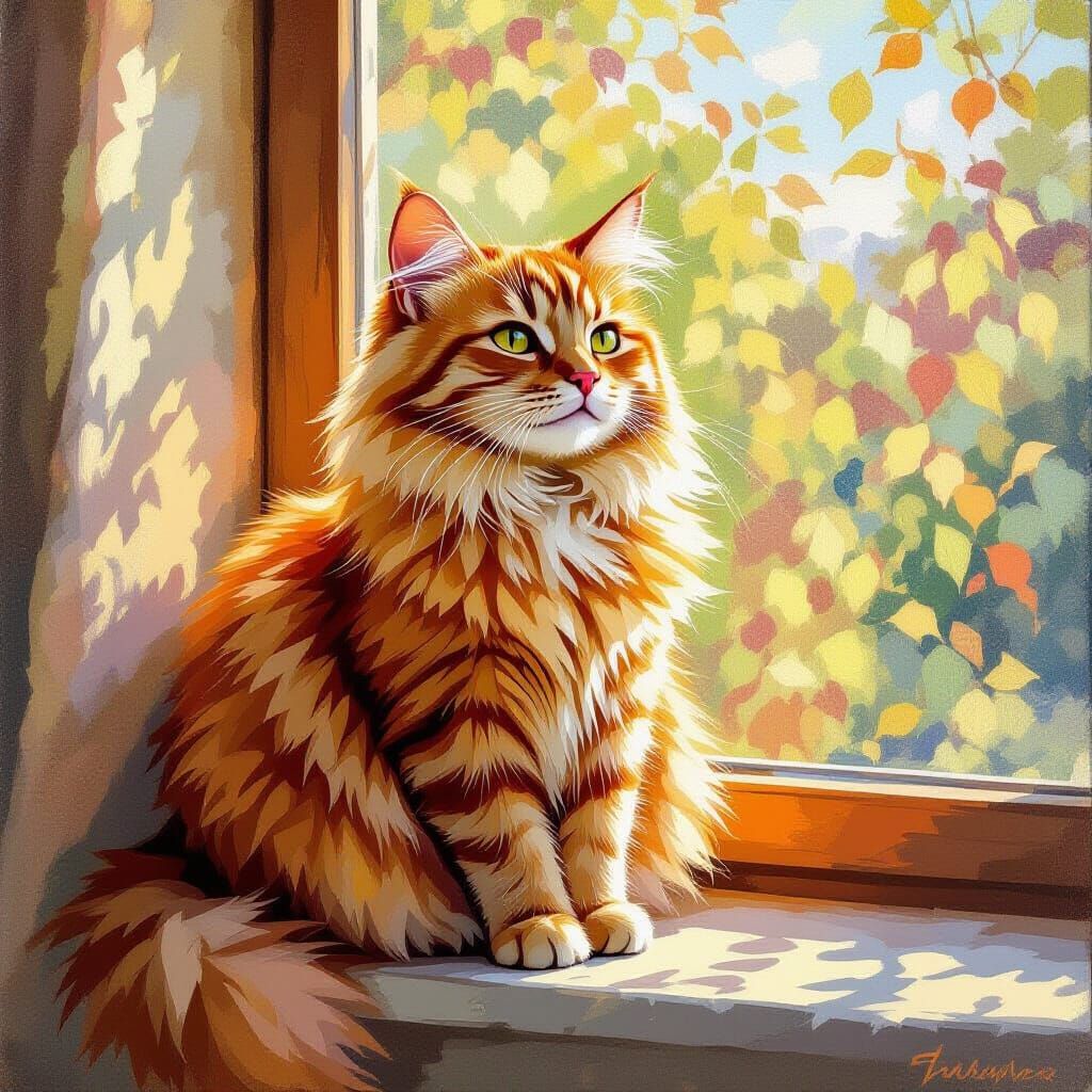 Pointillist Orange Cat on Sunlit Windowsill