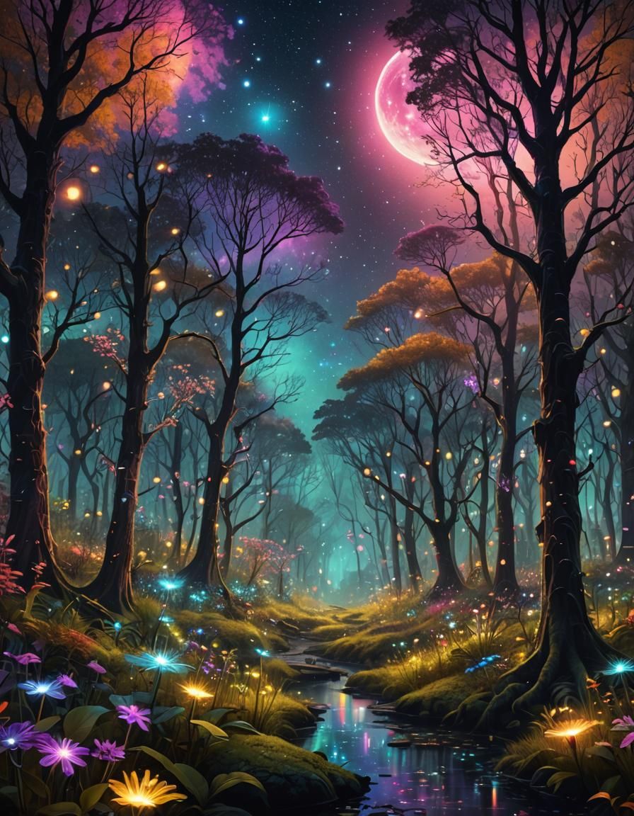 Magical Neon Forest with Fireflies in Fantasy Art