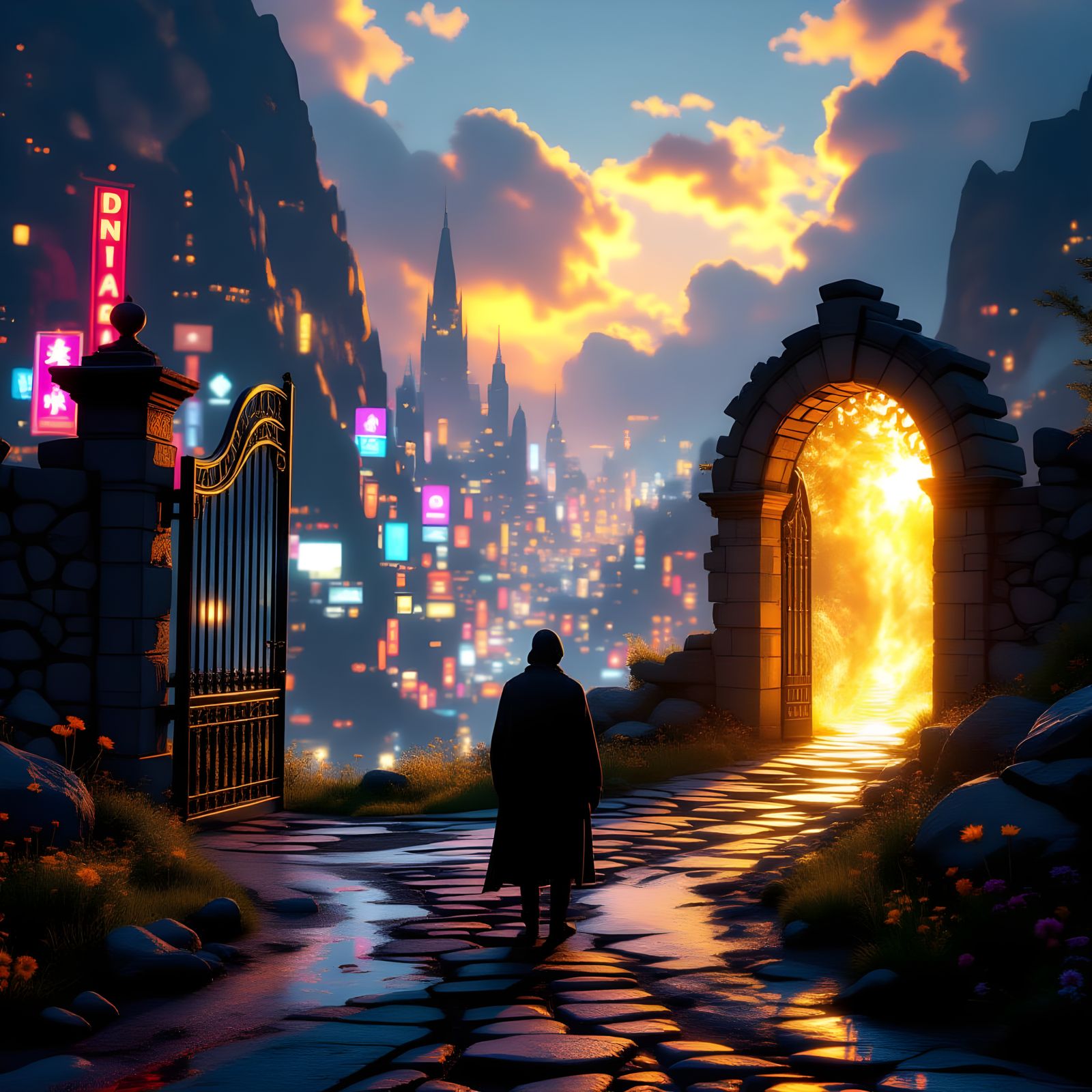 Traveler Chooses Between Neon City and Heavenly Gate