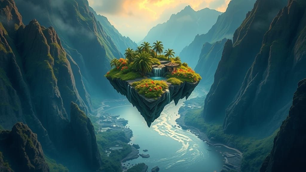 Floating Tropical Island Among Mountains in Alcohol Ink Styl...