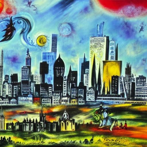 Gothic Vampire City Skyline in Classical Surrealist Style