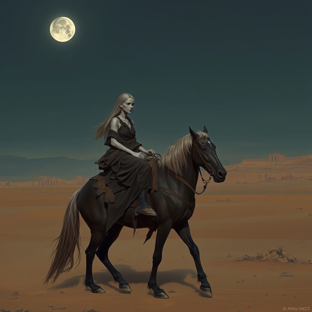 Dystopian Rider in Moonlit Desert Landscape