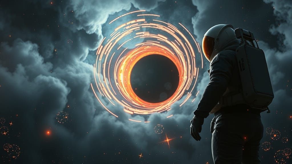 Astronaut Gazing into Black Hole near Event Horizon