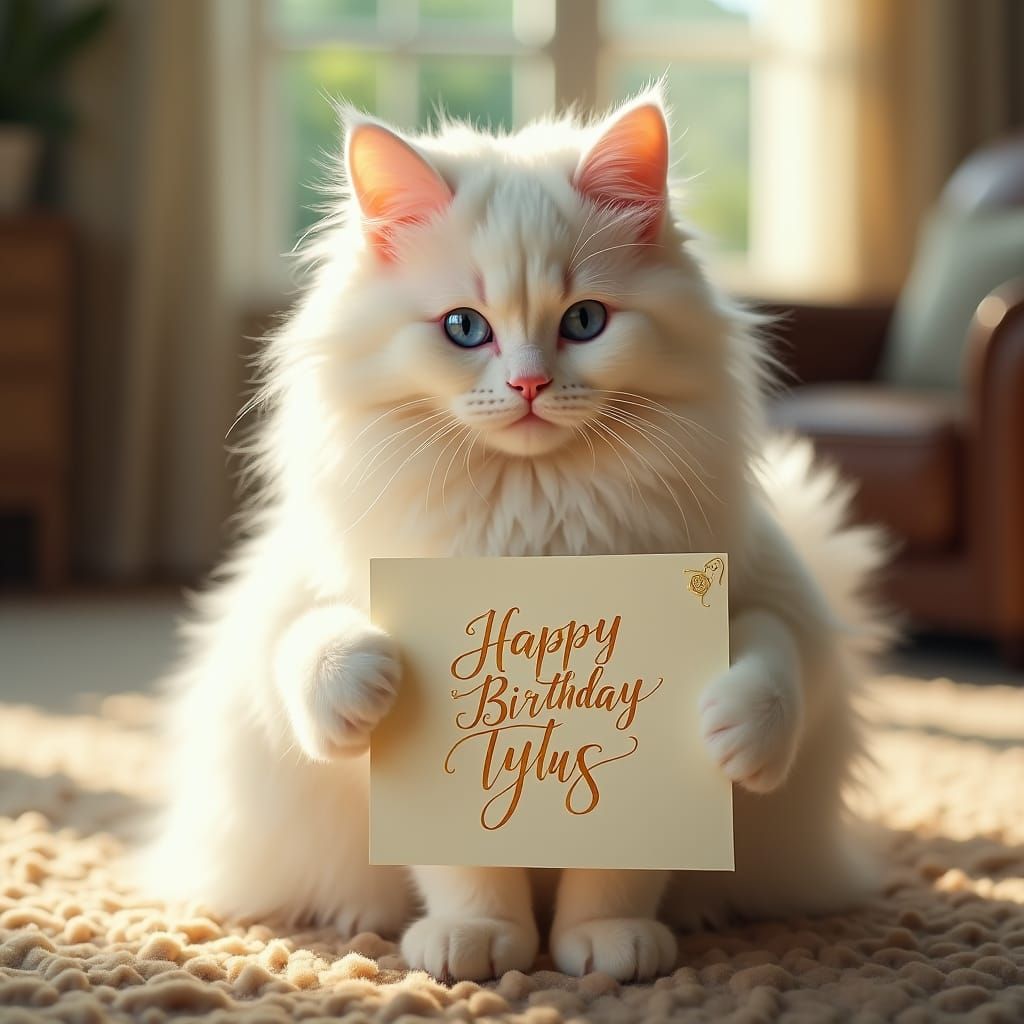 Ragdoll Cat Holds Birthday Card in Bright Living Room