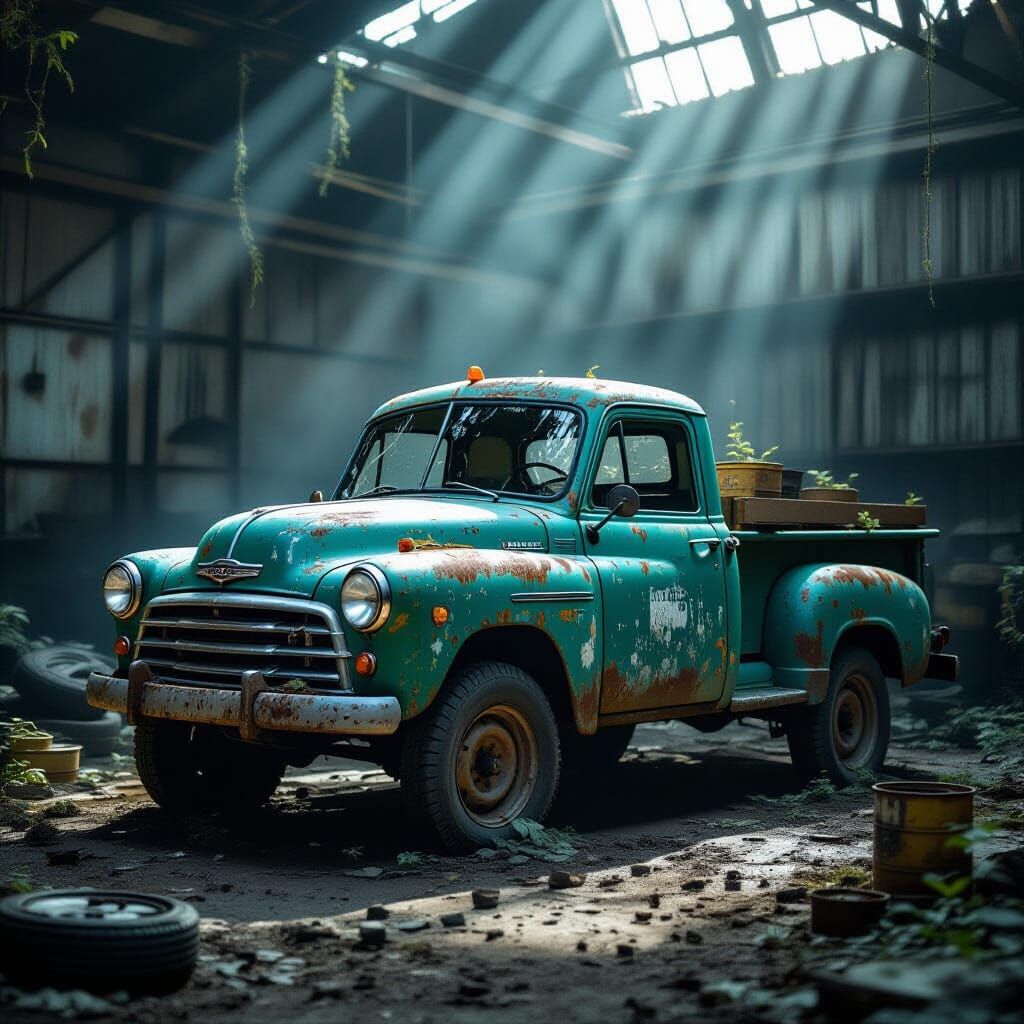 Abandoned Rusted Mini-Minor Truck in Dusty Workshop