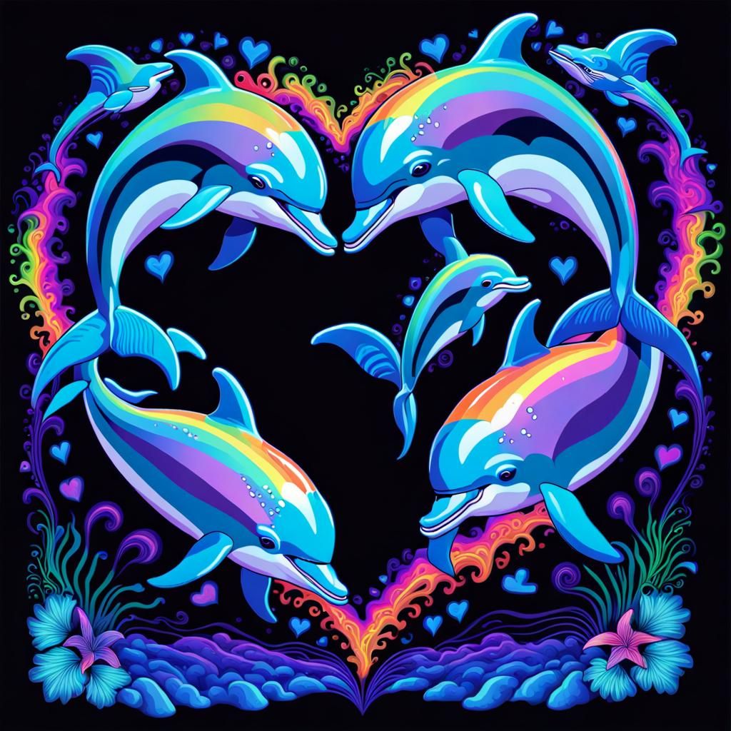 rainbow heart dolphins Black background UV Black Light rainbow heart dolphins psychadelic