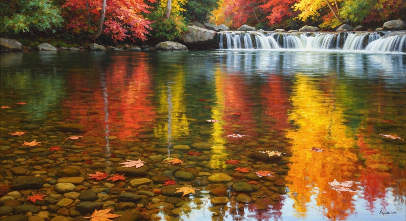 Autumn Waterfall Reflections on a Clear River