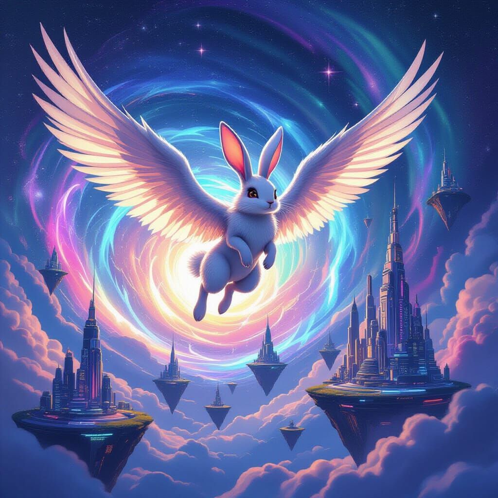 Winged Starlight Rabbit Flies Over Neon Floating City