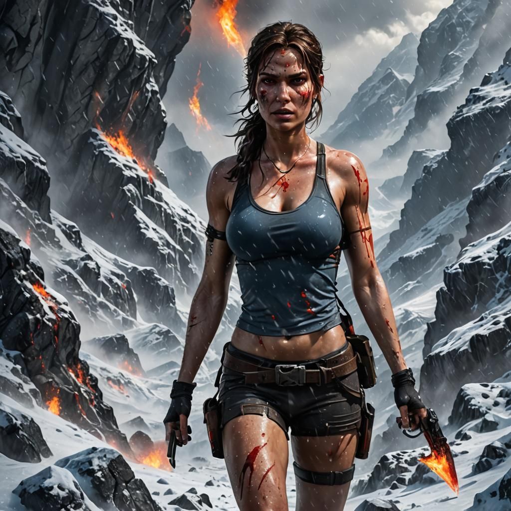 Hyperrealistic Lara Croft on Snowy Mountain with Blue Fire