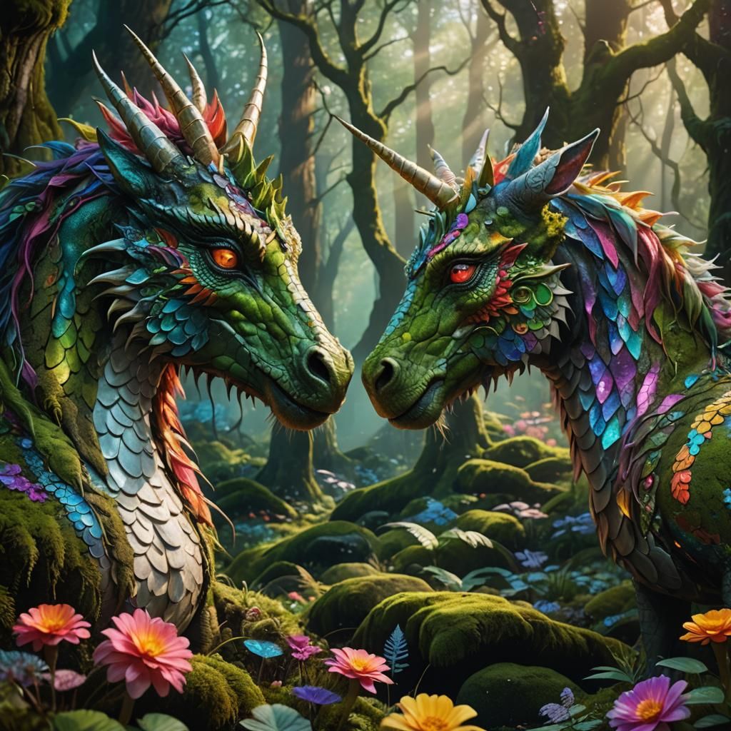 Dragon and Unicorn Touching Noses in Mystical Forest