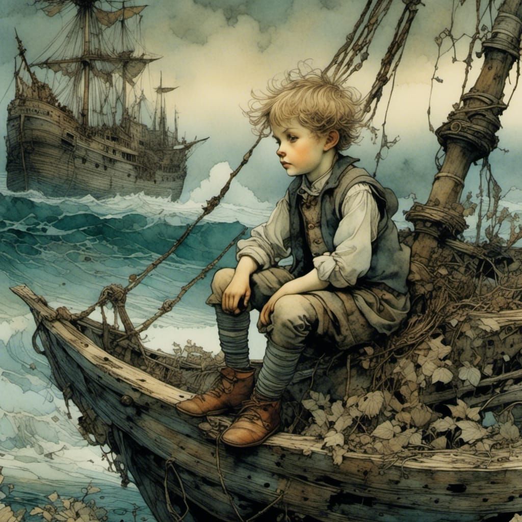 Boy Fishing on Shipwreck in Detailed Style