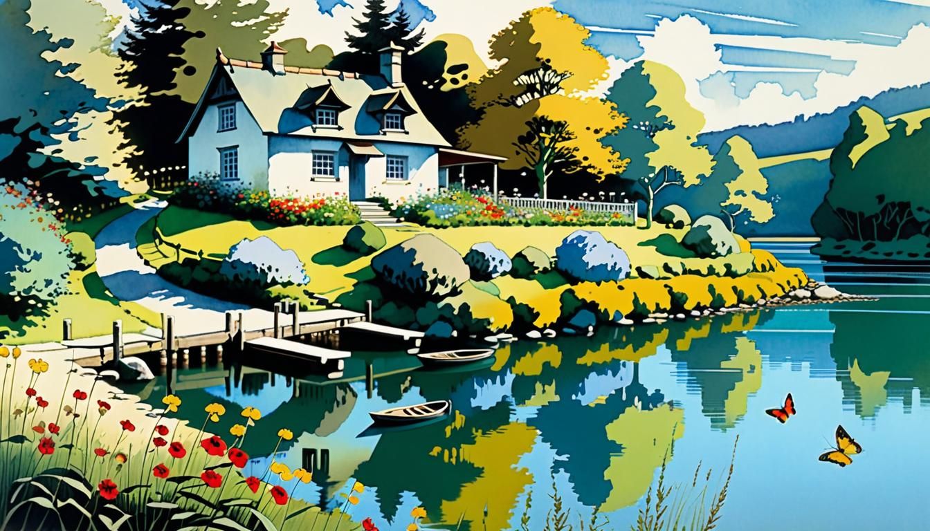 Idyllic Riverside House in Vibrant Color Print Art Style