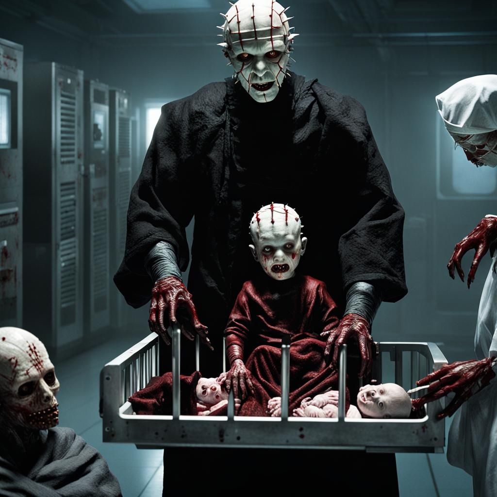 Horrific Newborn Pinhead in Dark Nursery, Fantasy Art
