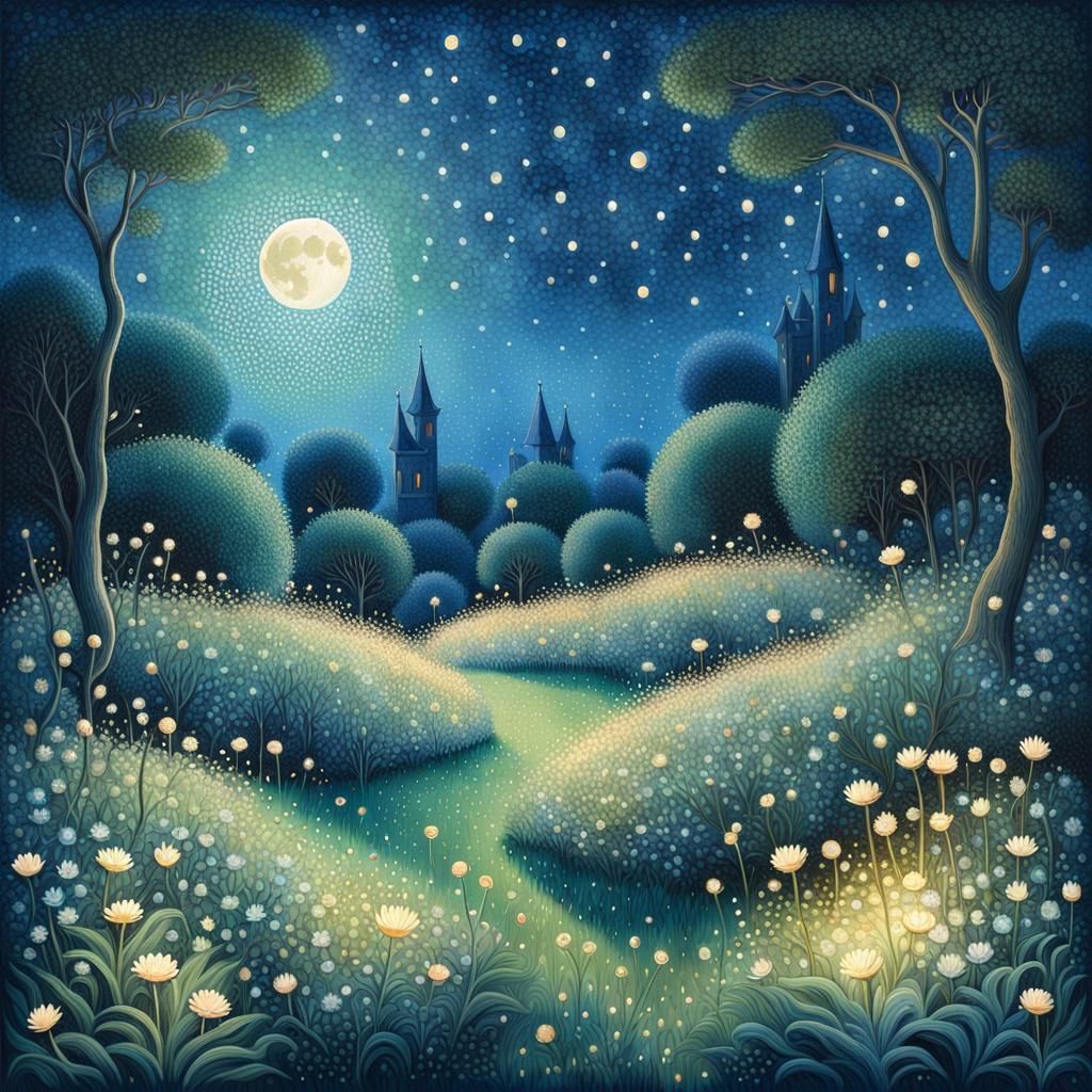 Twilight Garden with Fireflies and the Little Prince