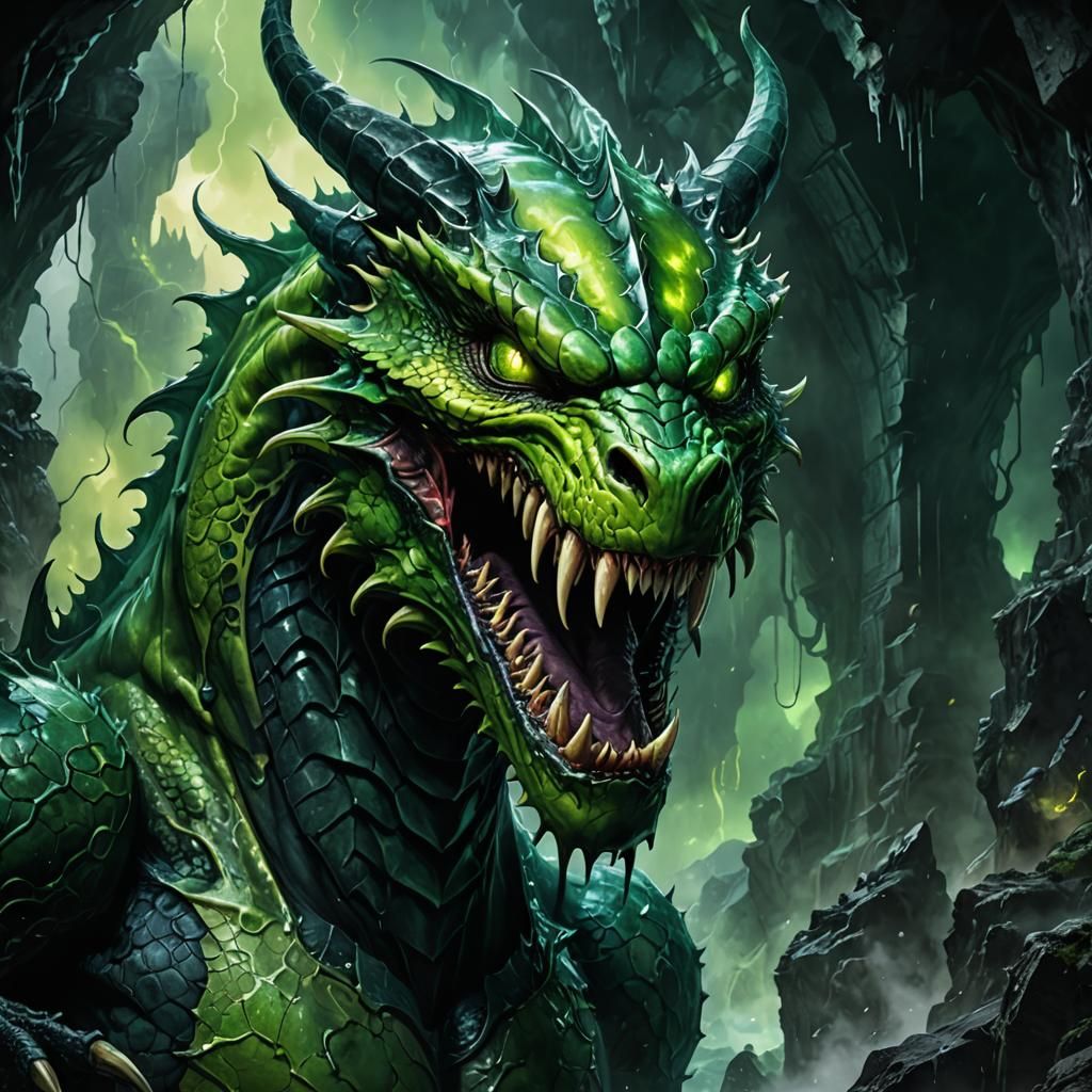 Venomous Green Dragon in Dark Fantasy Cavern