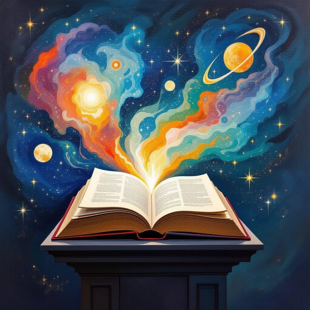 Cosmic Nebulae Emerge from Open Book, Abstract Art