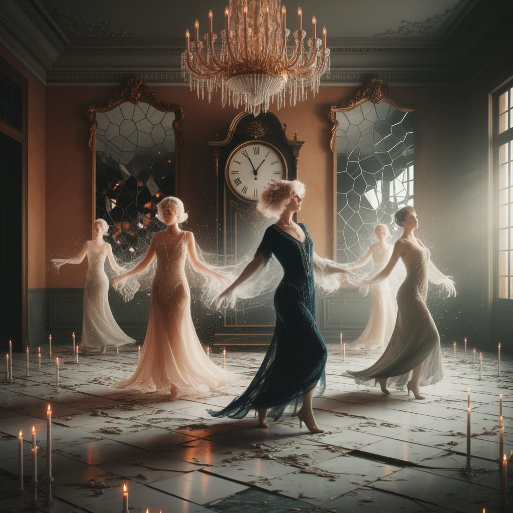 Ethereal Dancers in Abandoned Ballroom at Midnight