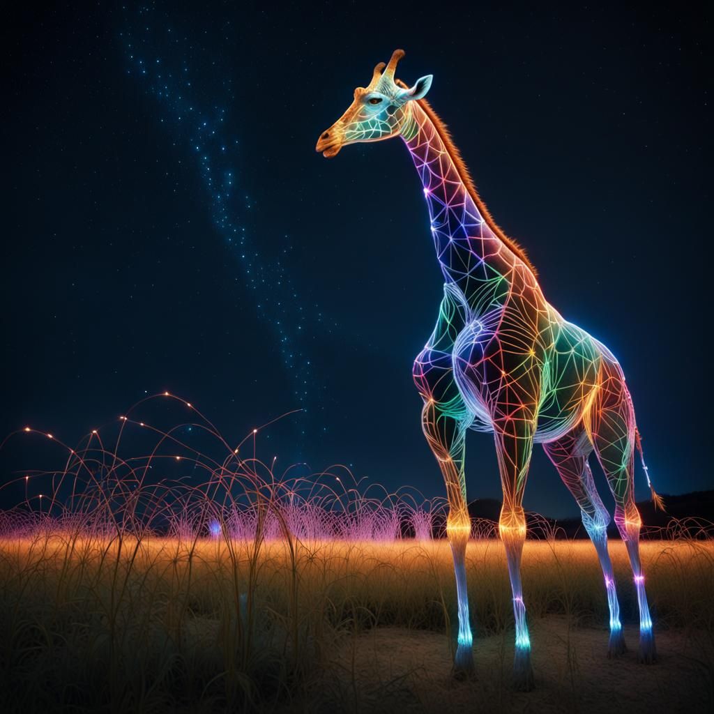 Fiber Optic Giraffe in Starry Night Field
