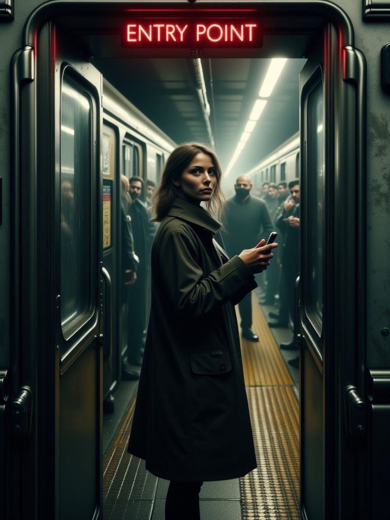 Woman at Train Door in Hyperrealistic Style