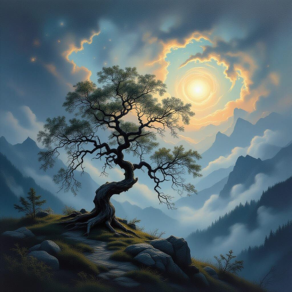 Ancient Willow on Nebula Peak in Oil Painting Style