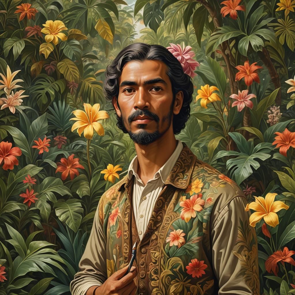 Colombian Painter in Lush Landscape, Digital Art
