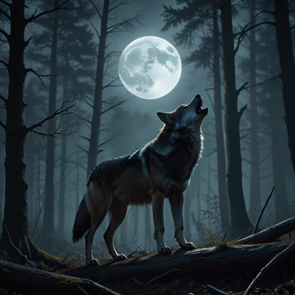Lone Wolf Howling at Full Moon in Misty Forest