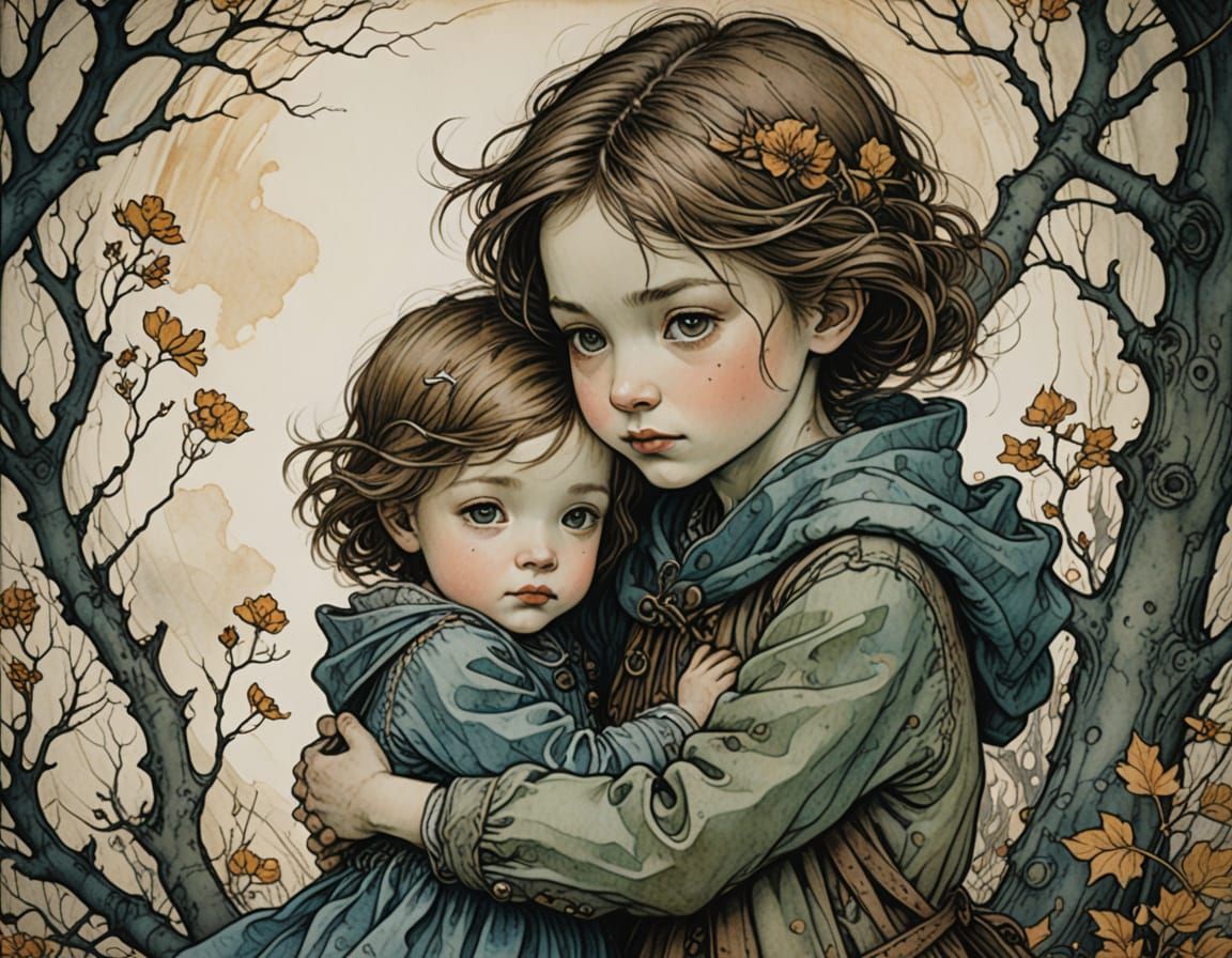 Sister Protects Brother: Whimsical Abstract Art