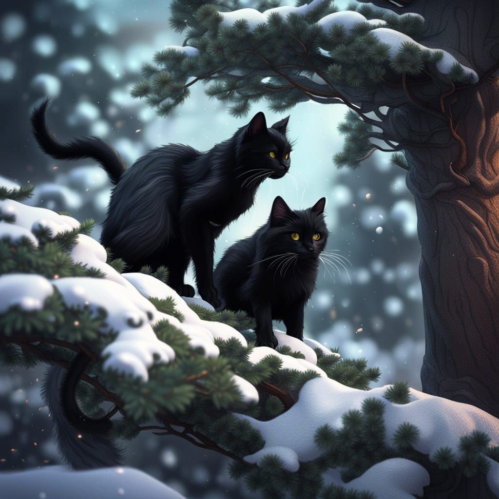 Two Cats Playing in Winter, Dark Fantasy Art