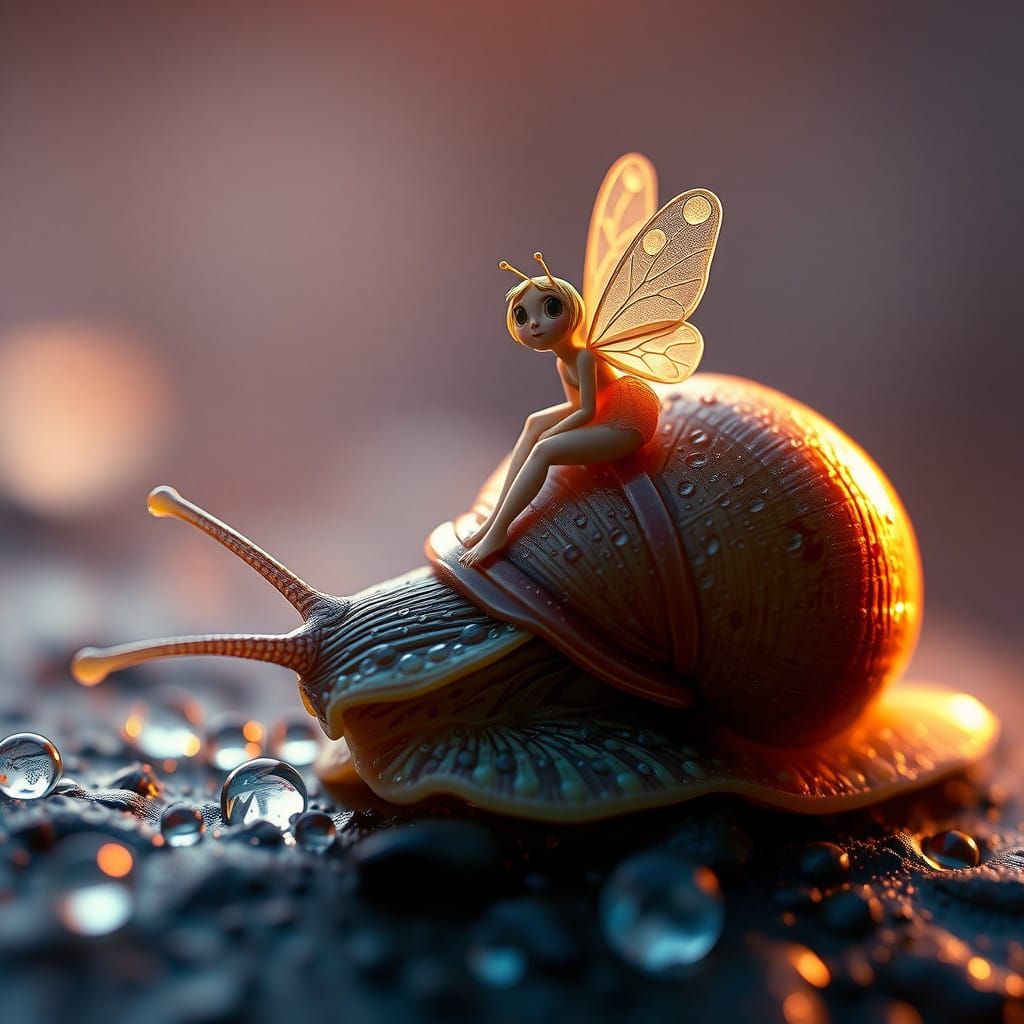 Whimsical Fairy Sails on Snail Amidst Dewy Morning Radiance
