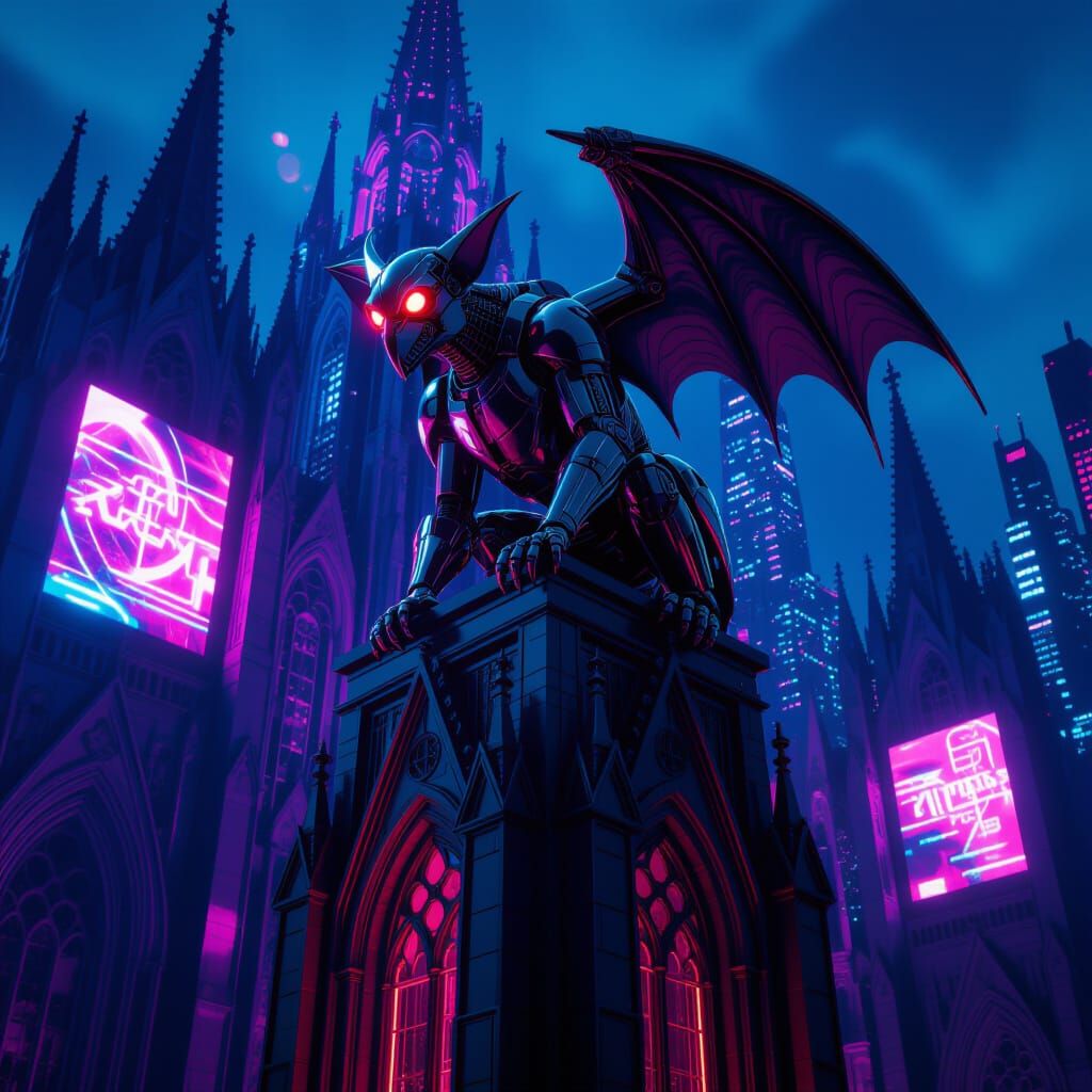 Robotic Gargoyle on Cyberpunk Cathedral
