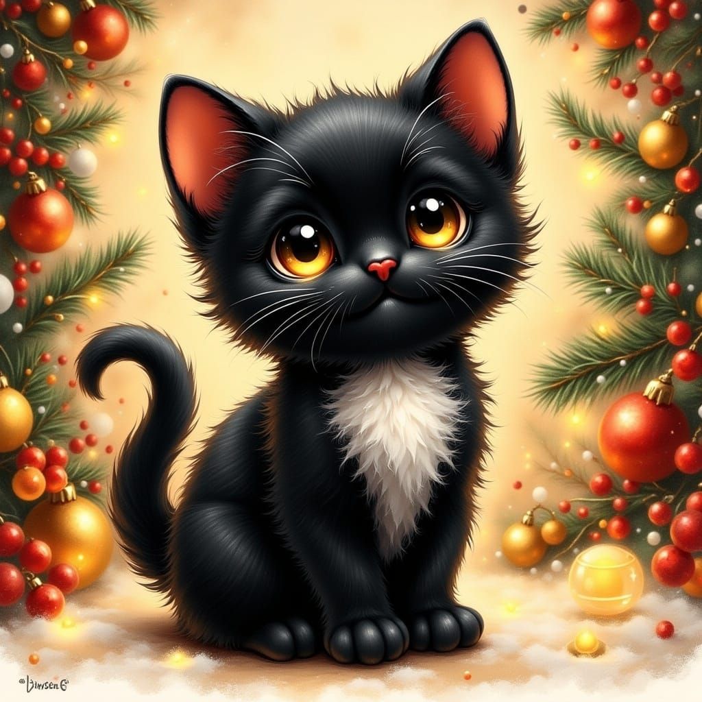 Whimsical Kitten in Holiday Illustration