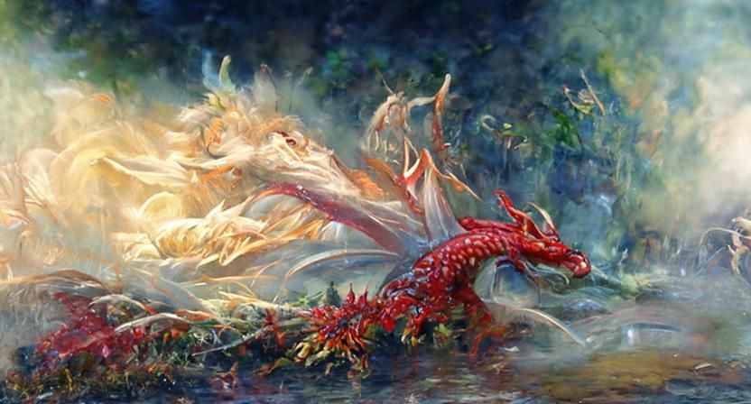 Red Dragon in Ethereal Oil Painting Style