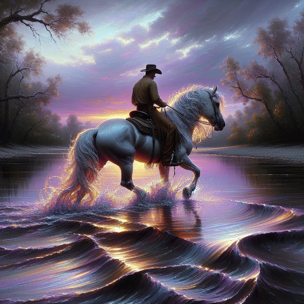 Cowboy on Horseback at Twilight Riverbank