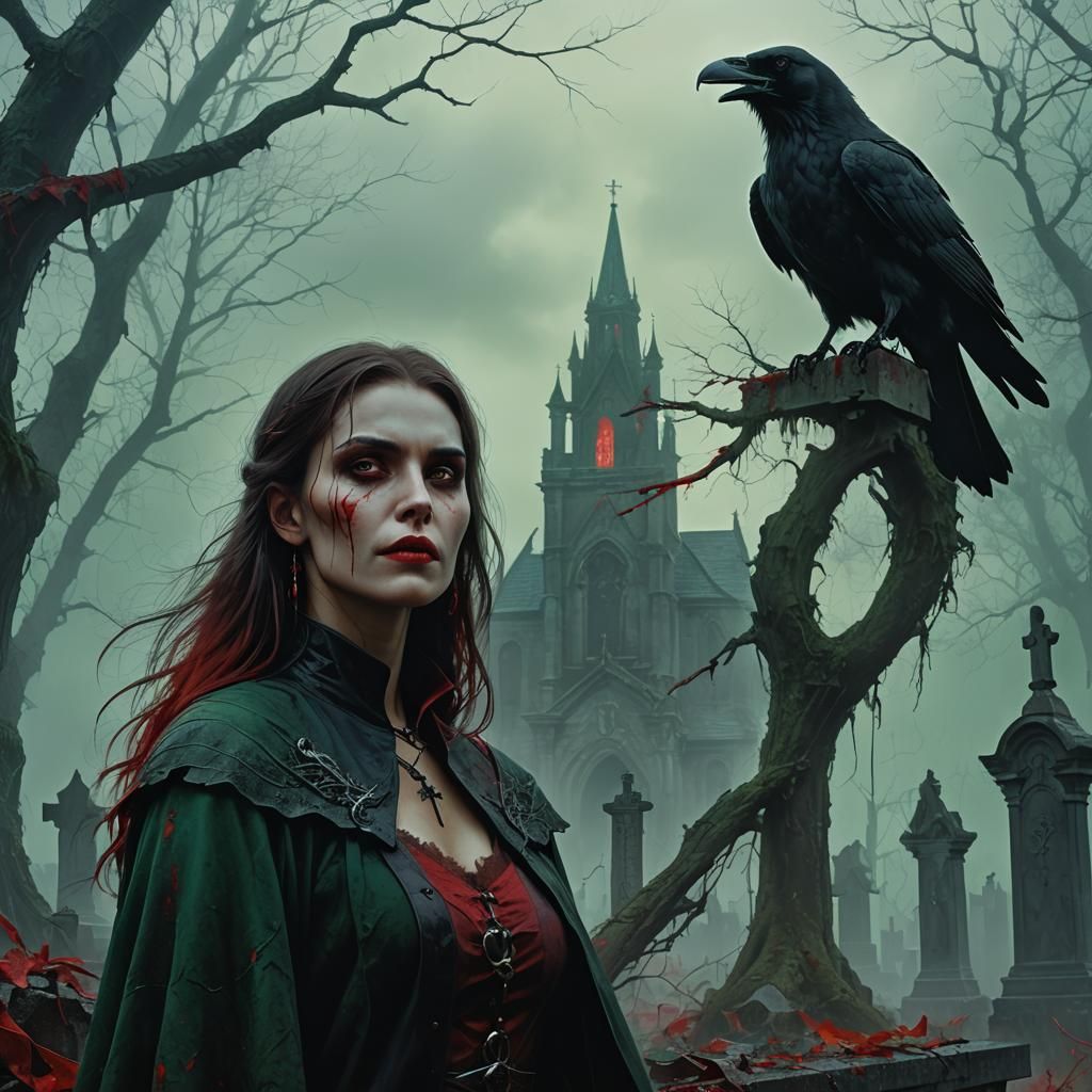 Vampire Girl in Graveyard: Dark Fantasy Art