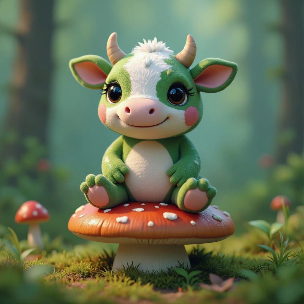 Cow-Frog Hybrid Stuffed Animal on Mushroom