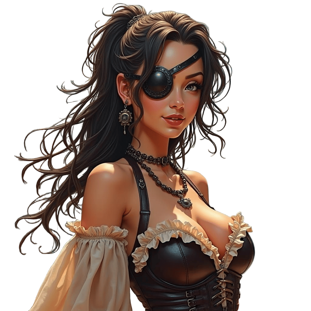 Pirate Woman Playing Chess in Dystopian Landscape